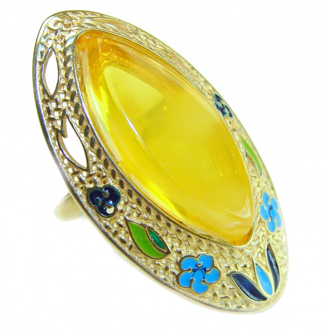 Tradition 12.2 carat Amber enamel 14K Gold over .925 Sterling Silver Handcrafted Large Ring size 6 adjustable