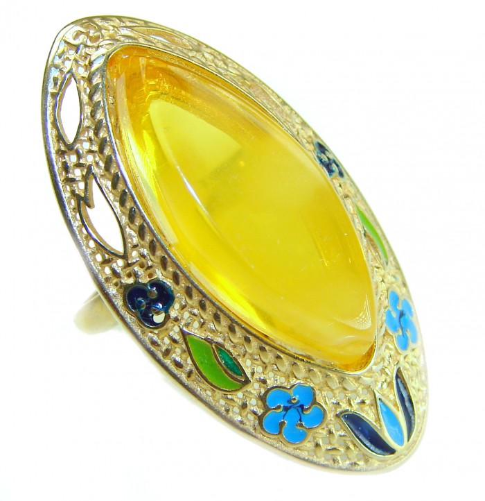 Tradition 12.2 carat Amber enamel 14K Gold over .925 Sterling Silver Handcrafted Large Ring size 6 adjustable