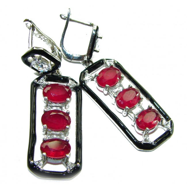 Art Deco 11.2 carat Ruby black enamel .925 Sterling Silver handcrafted earrings
