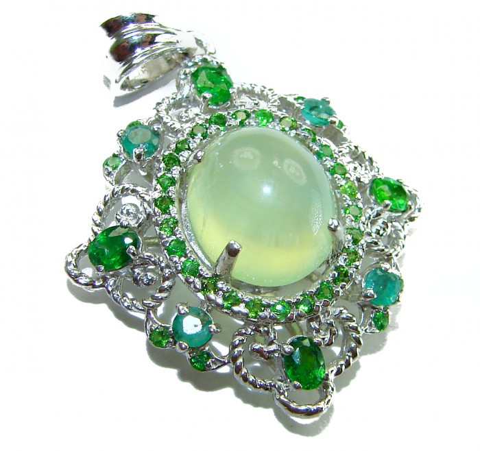 Celtic Spirit authentic fancy cut 14.5 carat Prehnite Emerald .925 Sterling Silver handcrafted Statement Pendant