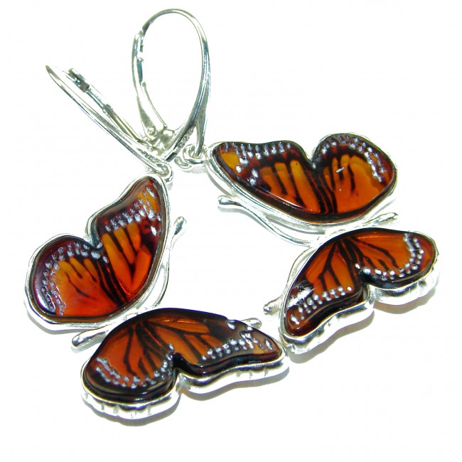 Butterflies carved Baltic Polish Amber .925 Sterling Silver earrings