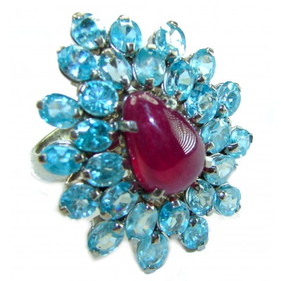 Incredible 29.5 carat Swiss Blue Topaz Ruby .925 Sterling Silver Oversized Ring size 7 3/4