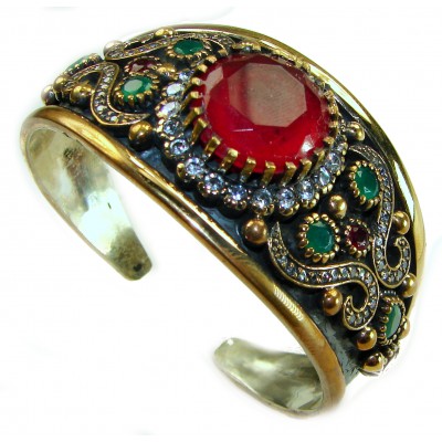Victorian Style 32.5 carat Ruby & Emerald White Topaz 2 tones .925 Sterling Silver Bracelet / Cuff