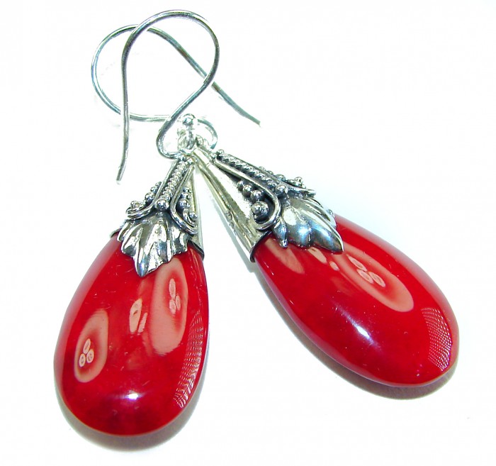 Large Genuine Red Fossilized Coral .925 Sterling Silver handmade earrings