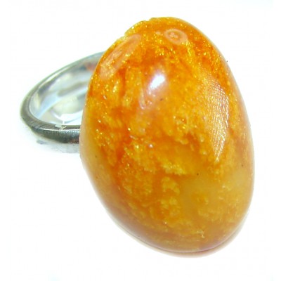 Authentic Golden Baltic Amber .925 Sterling Silver entirely handcrafted ring; s. 7 adjustable