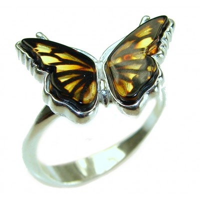 Butterfly Authentic Baltic Amber .925 Sterling Silver handcrafted ring; s. 7 adjustable