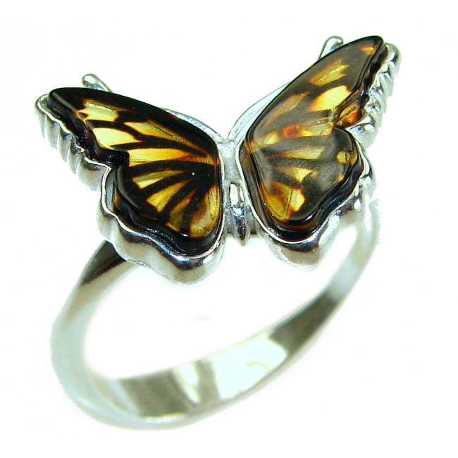 Butterfly Authentic Baltic Amber .925 Sterling Silver handcrafted ring; s. 7 adjustable