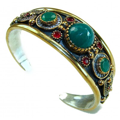 Victorian Style 22.5 carat Emerald Ruby & White Topaz .925 Sterling Silver Bracelet / Cuff