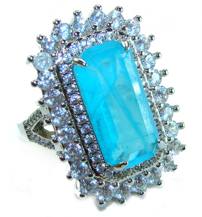 Luxurious baquette Cut 26.5 ctw Paraiba Tourmaline .925 Sterling Silver handcrafted Statement Ring size 8