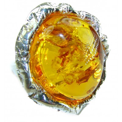 Large Golden Power natural Baltic Amber .925 Sterling Silver handcrafted ring; s. 7 adjustable