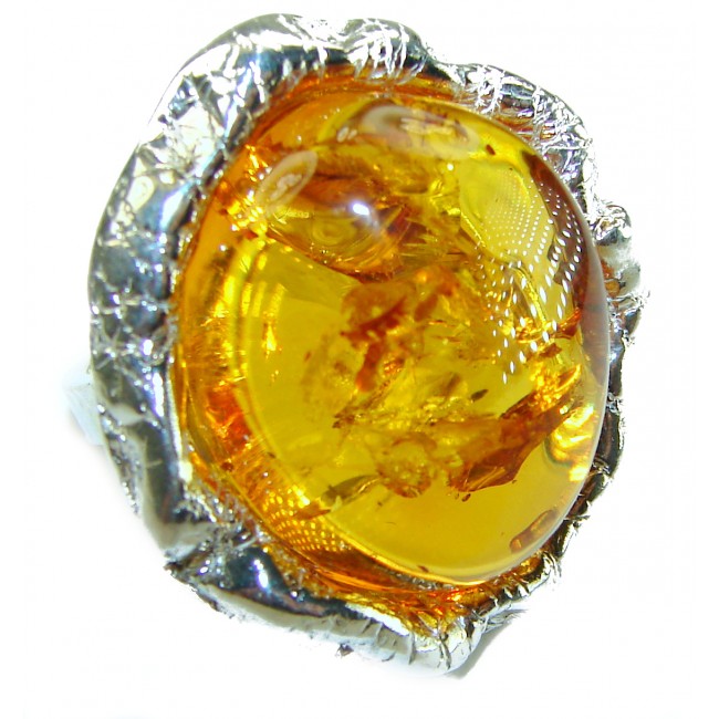 Large Golden Power natural Baltic Amber .925 Sterling Silver handcrafted ring; s. 7 adjustable