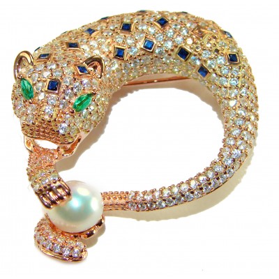 Precious Wild Cheetah 29.8 carat Sapphire Emerald 18K Rose Gold over .925 Sterling Silver handmade Pendant Brooch
