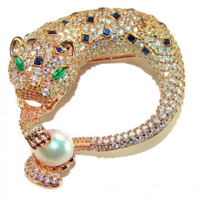 Precious Wild Cheetah 29.8 carat Sapphire Emerald 18K Rose Gold over .925 Sterling Silver handmade Pendant Brooch