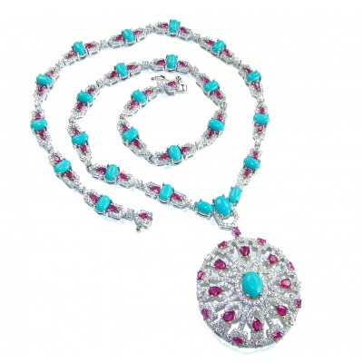 Serenity - 78.5 carat genuine Sleeping Beauty Turquoise 10.5 carat Ruby .925 Sterling Silver handmade Statement necklace