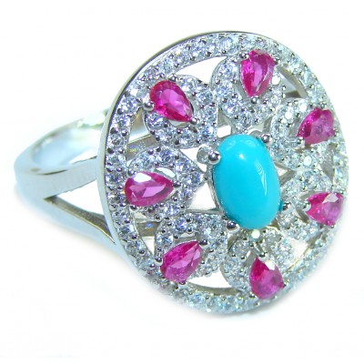 Serenity- 3.5 carat genuine Blue Turquoise 2.5 carat Ruby .925 Sterling Silver handmade Statement ring s. 7 3/4