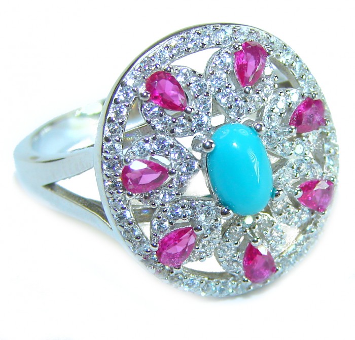 Serenity- 3.5 carat genuine Blue Turquoise 2.5 carat Ruby .925 Sterling Silver handmade Statement ring s. 7 3/4
