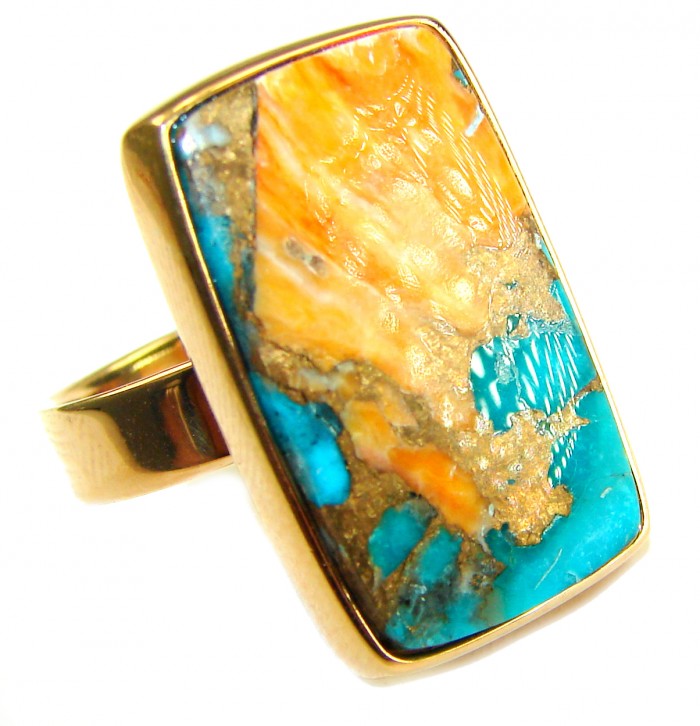 Rare 20.5 carat Oyster Turquoise 18K Gold over .925 Sterling Silver handcrafted Large ring; s. 7 adjustable