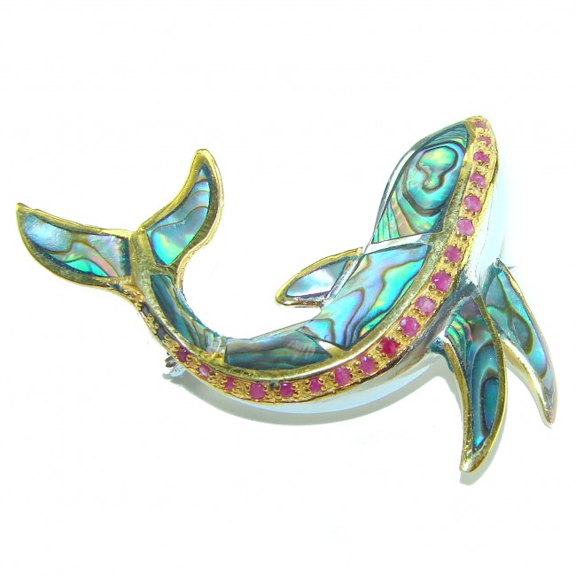 Dolphin Natural Rainbow Abalone Ruby .925 Sterling Silver handmade Pendant Brooch