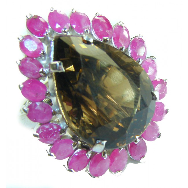 Incredible 45.5 carat Champagne Smoky Topaz Aquamarine .925 Sterling Silver Ring size 6 1/4