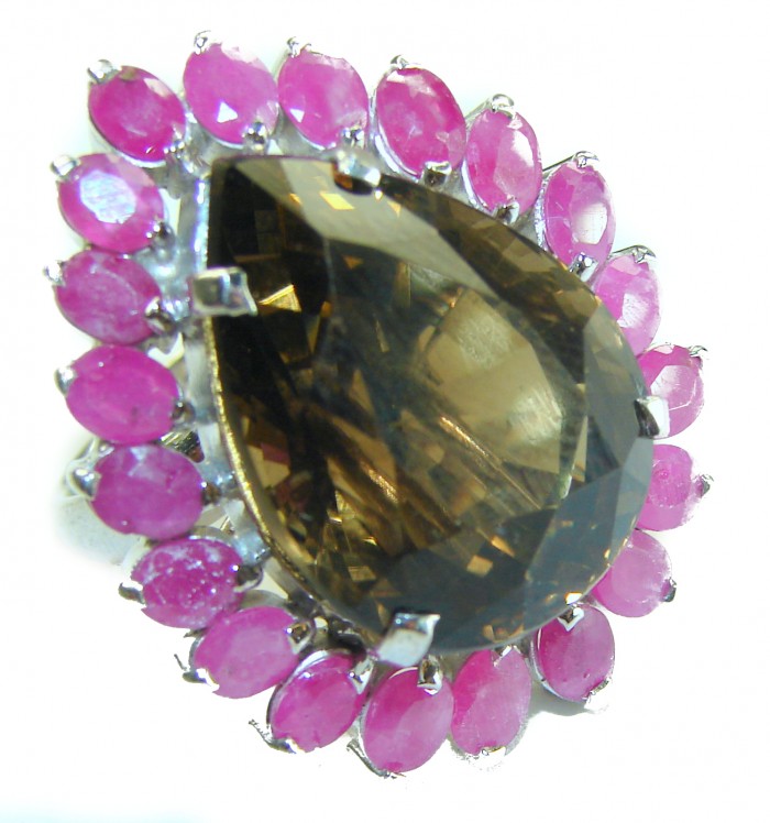 Incredible 45.5 carat Champagne Smoky Topaz Aquamarine .925 Sterling Silver Ring size 6 1/4
