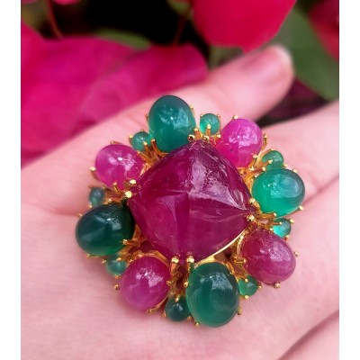 65.5 carat An exuberantly Large Renaissance Style Ruby Emerald 18K Gold over .925 Sterling Silver Perfectly handcrafted Ring s. 6