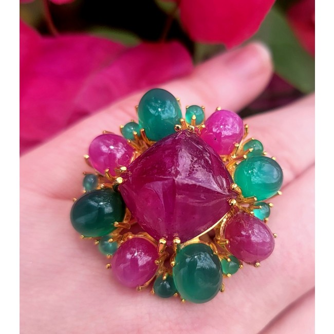 65.5 carat An exuberantly Large Renaissance Style Ruby Emerald 18K Gold over .925 Sterling Silver Perfectly handcrafted Ring s. 6