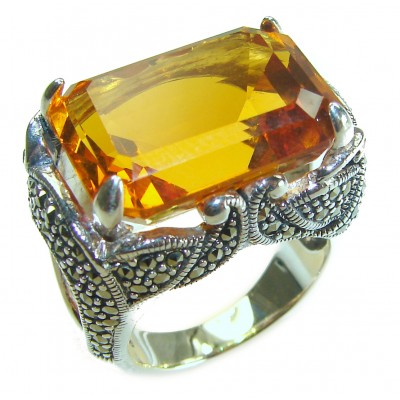 Golden Royalty 34.5 carat Citrine Marcasite .925 Sterling Silver Handcrafted Huge Ring size 8