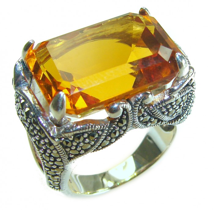 Golden Royalty 34.5 carat Citrine Marcasite .925 Sterling Silver Handcrafted Huge Ring size 8