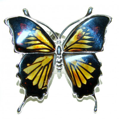 Large Butterfly Authentic carved Baltic Amber .925 Sterling Silver entirely handcrafted ring; s. 8 adjustable