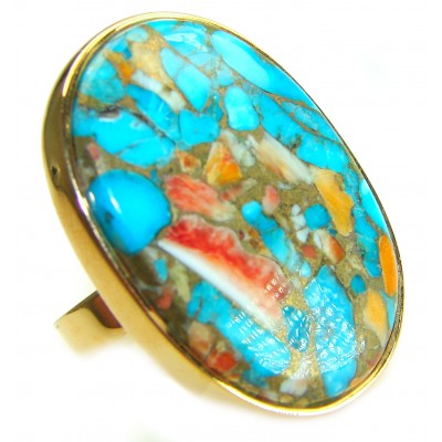 Rare 26.5 carat Oyster Turquoise 18K Gold over .925 Sterling Silver handcrafted Large ring; s. 8 adjustable