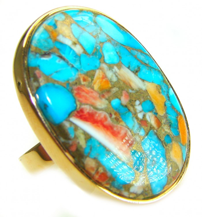 Rare 26.5 carat Oyster Turquoise 18K Gold over .925 Sterling Silver handcrafted Large ring; s. 8 adjustable