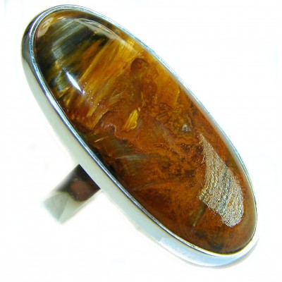 Large 22.5 carat Silky Golden Pietersite .925 Sterling Silver handmade Ring size 8 adjustable