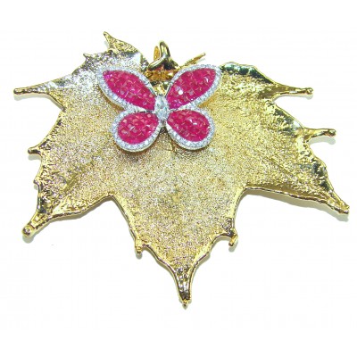 Rain Drop REAL Leaf dipped in Sterling Silver and 14K Ruby & .925 Sterling Silver Pendant