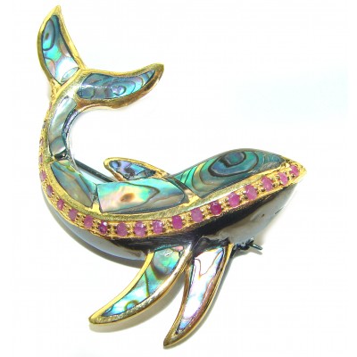 Dolphin Natural Rainbow Abalone Ruby 14K Gold over .925 Sterling Silver handmade Pendant Brooch