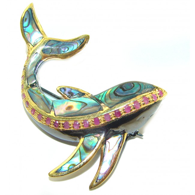 Dolphin Natural Rainbow Abalone Ruby 14K Gold over .925 Sterling Silver handmade Pendant Brooch