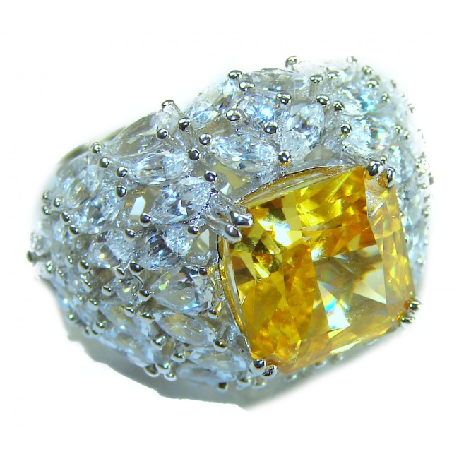 Luxurious cushion cut 19.5 carat yellow Sapphire .925 Sterling Silver handcrafted ring; s. 6