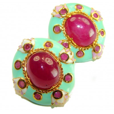 Countless Blessings Genuine 8.5 carat Authentic Ruby mint enamel 18K Gold over .925 Sterling Silver handcrafted earrings