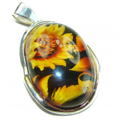 Wild Sunflowers Fabulous - carved Baltic Amber Sterling Silver handmade Pendant