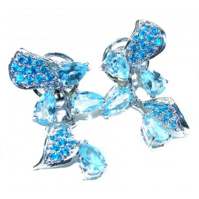 Blue Flowers 14.5 carat Swiss Blue Topaz .925 Sterling Silver Handcrafted Earrings