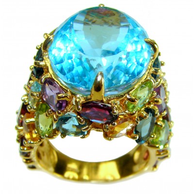 Poseidon 25.5 carat Fancy oval cut Swiss Blue Topaz 18K Gold over .925 Sterling Silver handmade Ring size 8 3/4
