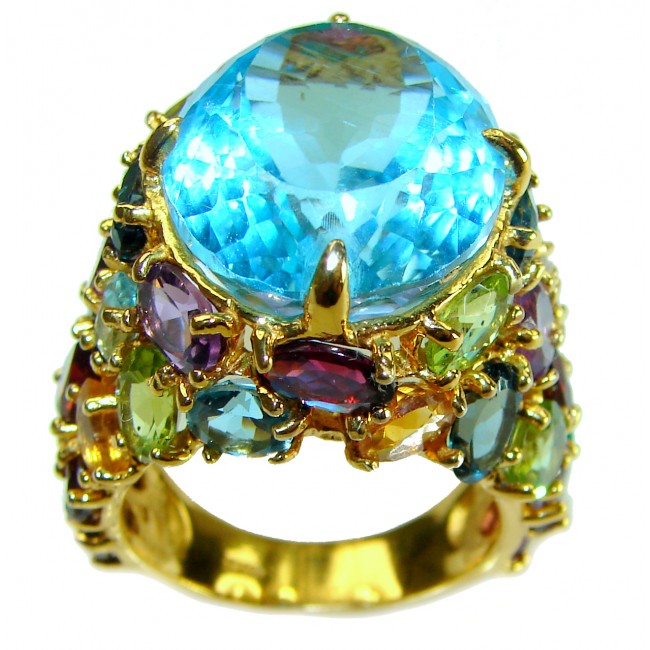 Poseidon 25.5 carat Fancy oval cut Swiss Blue Topaz 18K Gold over .925 Sterling Silver handmade Ring size 8 3/4