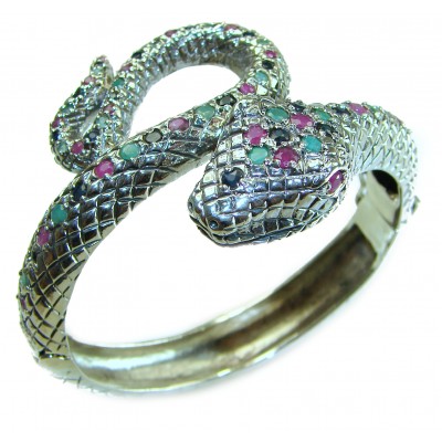 Huge 54.2 carat Precious Snake Genuine Ruby Emerald Sapphire .925 Sterling Silver handcrafted Bracelet
