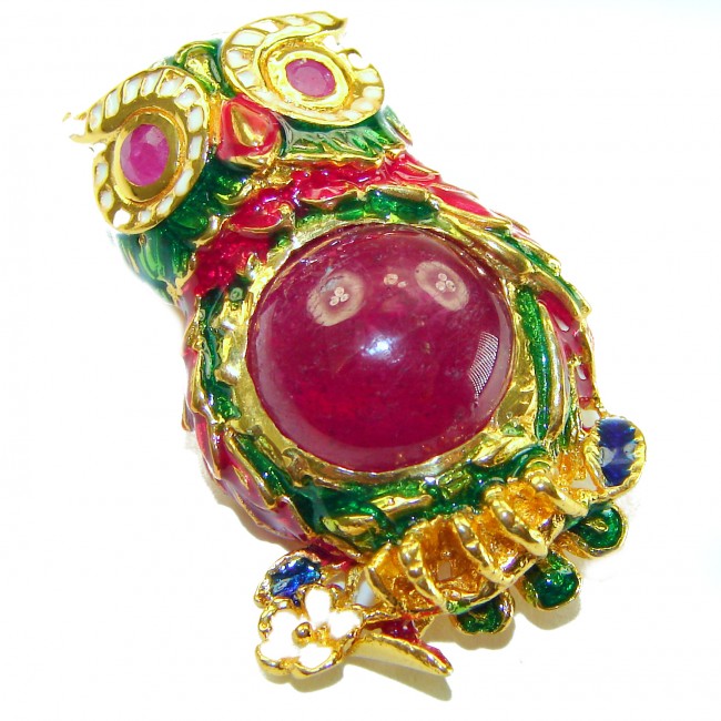 Wisdom and Unseen World - Owl- Genuine 10.5 carat Ruby enamel .925 Sterling Silver handmade Pendant - Brooch