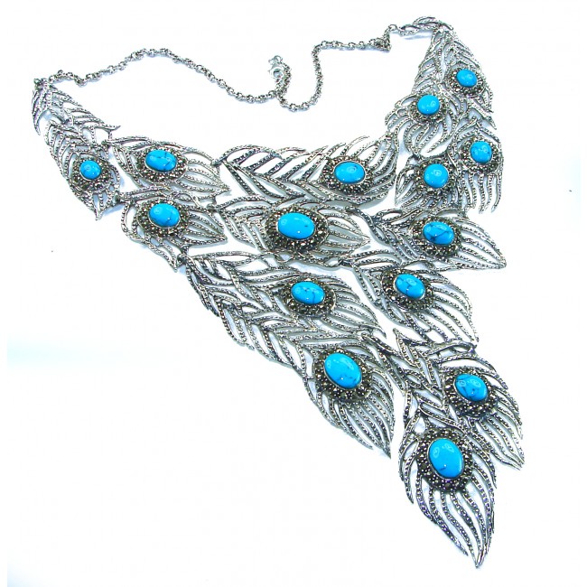 HUGE 102.9 grams Peacock Feather design genuine Turquoise .925 Sterling Silver handcrafted Necklace