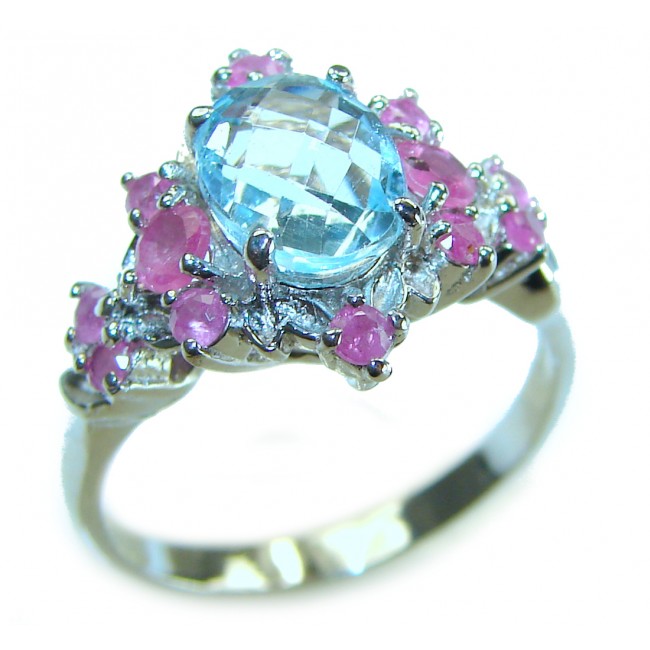 5.8 carat Swiss Blue Topaz Ruby .925 Sterling Silver handcrafted ring size 7