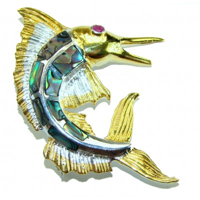 Precious Fish Natural Rainbow Abalone Ruby 14K Gold over .925 Sterling Silver handmade Pendant Brooch