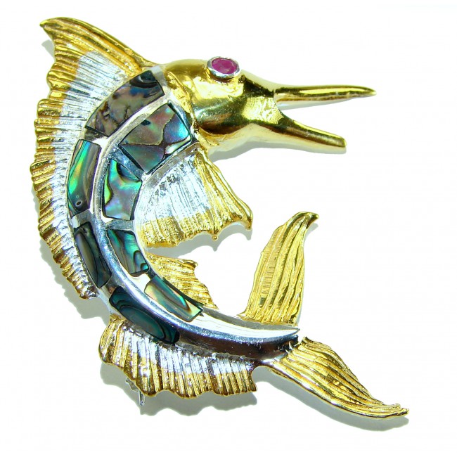 Precious Fish Natural Rainbow Abalone Ruby 14K Gold over .925 Sterling Silver handmade Pendant Brooch