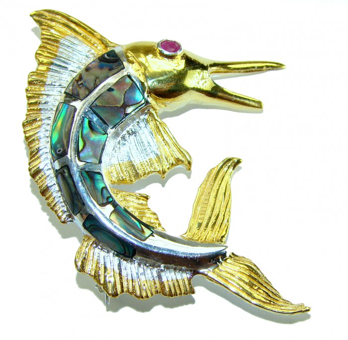 Precious Fish Natural Rainbow Abalone Ruby 14K Gold over .925 Sterling Silver handmade Pendant Brooch - video