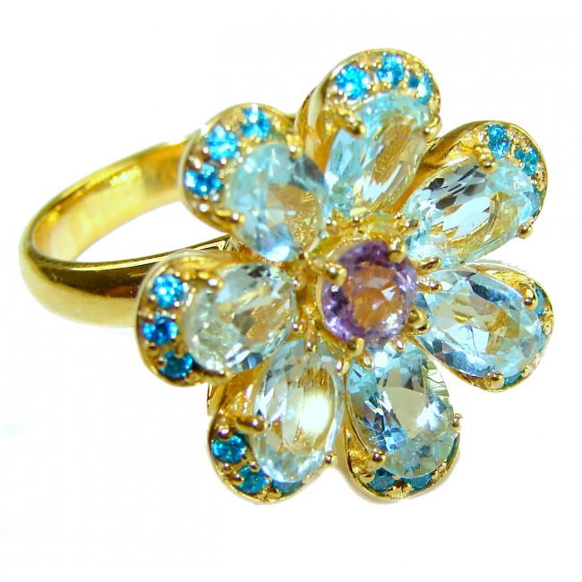 Blue Flower 12.8 carat Swiss Blue Topaz 14K Gold over .925 Sterling Silver handcrafted Large ring size 8