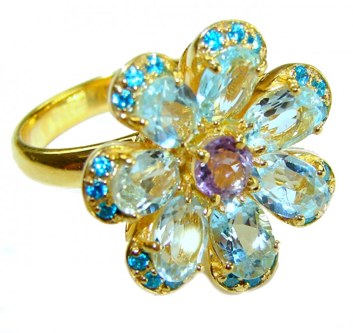 Blue Flower 12.8 carat Swiss Blue Topaz 14K Gold over .925 Sterling Silver handcrafted Large ring size 8